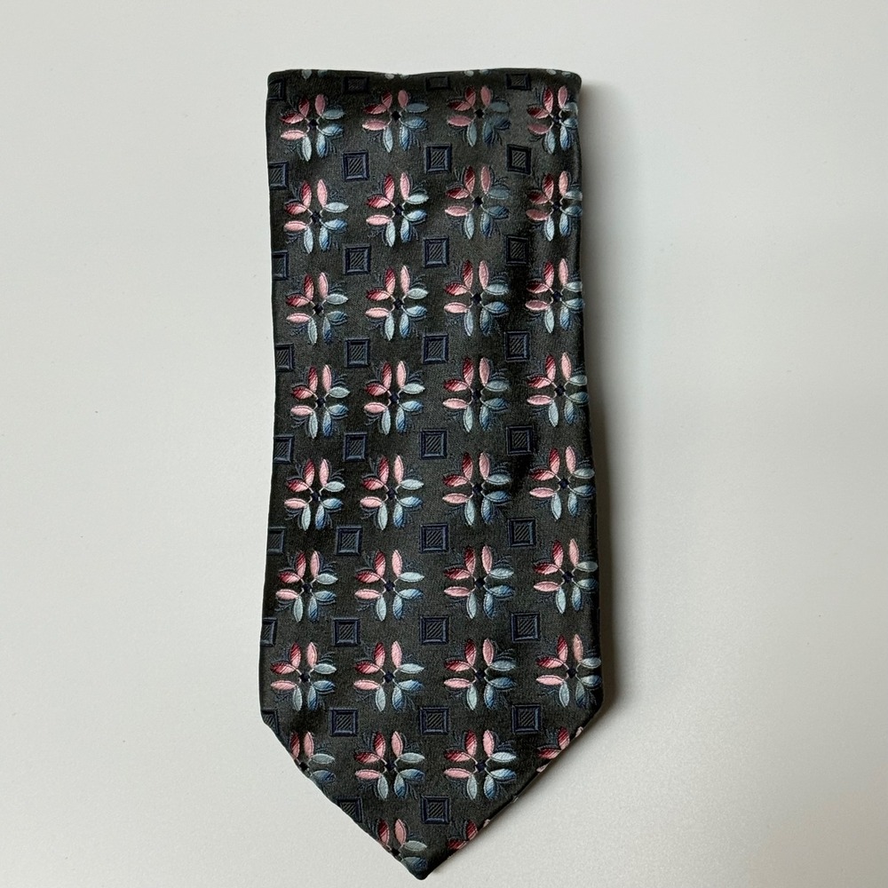 Ermenegildo Zegna Tie Mens Gray Pink Jacquard Geometric Floral Silk Luxury